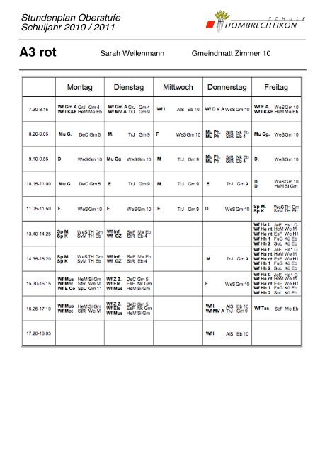 Stundenplan Oberstufe Schuljahr 2010 / 2011 - Schule Hombrechtikon
