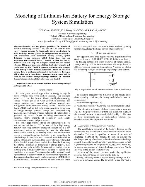 Modeling of Lithium-Ion Battery for Energy Storage System Simulation