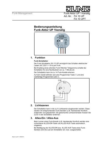 Bedienungsanleitung zu Jung FA10UP Funkaktor - Avolta.de