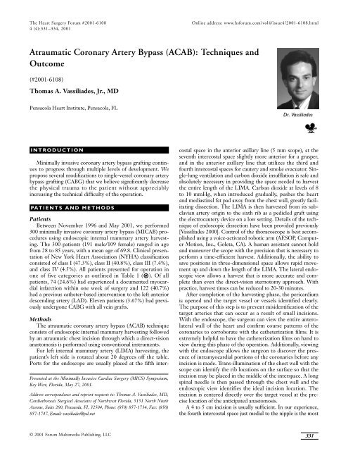 Atraumatic Coronary Artery Bypass (ACAB): Techniques and Outcome