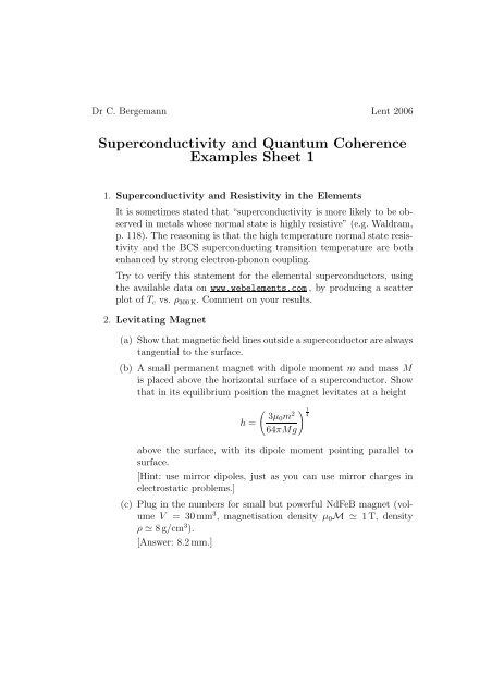 Superconductivity and Quantum Coherence Examples Sheet 1