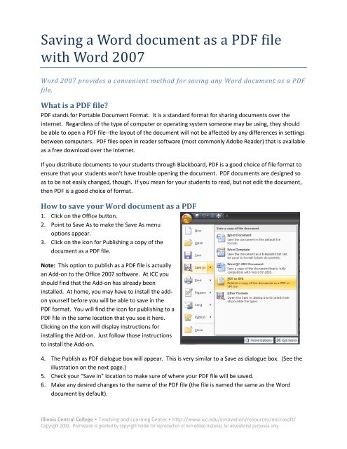 Saving a Word document as a PDF file with Word 2007