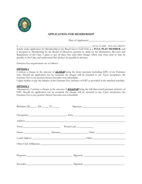 APPLICATION FOR MEMBERSHIP - Beach Grove Golf Club