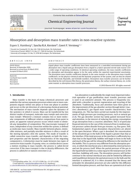 Absorption and desorption mass transfer rates in non-reactive ... - ITM