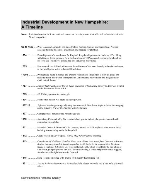 Industrial Development in New Hampshire: A Timeline