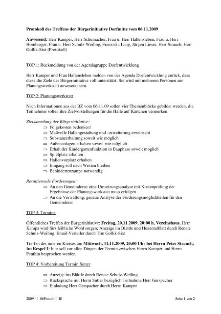 Protokoll vom 06.11.2009 - Buergerinitiative Wittnau