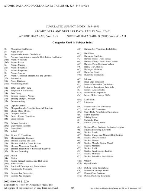 Cumulated Subject Index - Controlled Fusion Atomic Data Center