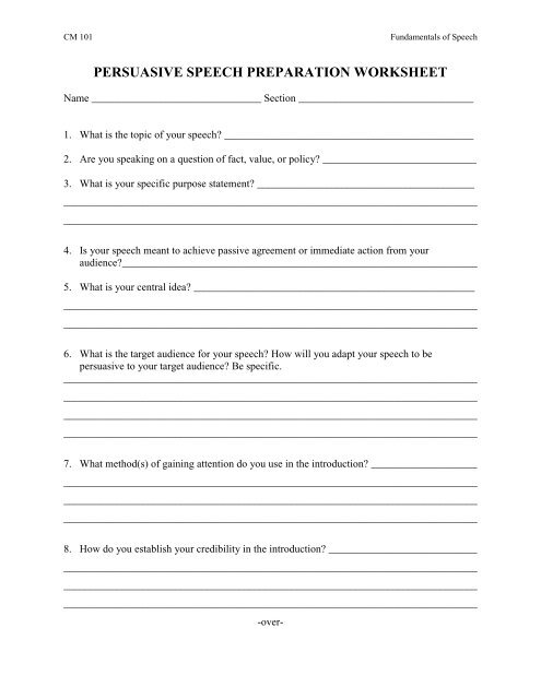 persuasive speech preparation worksheet - University of Mount Union