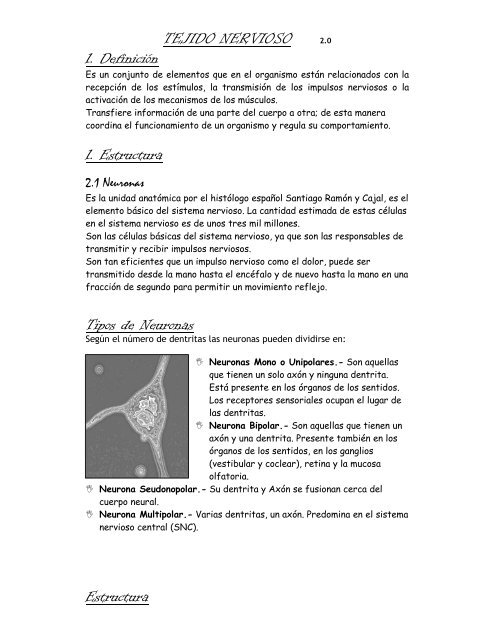 TEJIDO NERVIOSO 2.0 1. DefiniciÃ³n 1. Estructura Tipos ... - Escolares