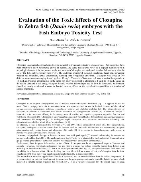 Evaluation of the Toxic Effects of Clozapine in Zebra fish - KEJA ...