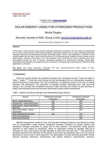 SOLAR ENERGY USING FOR HYDROGEN PRODUCTION
