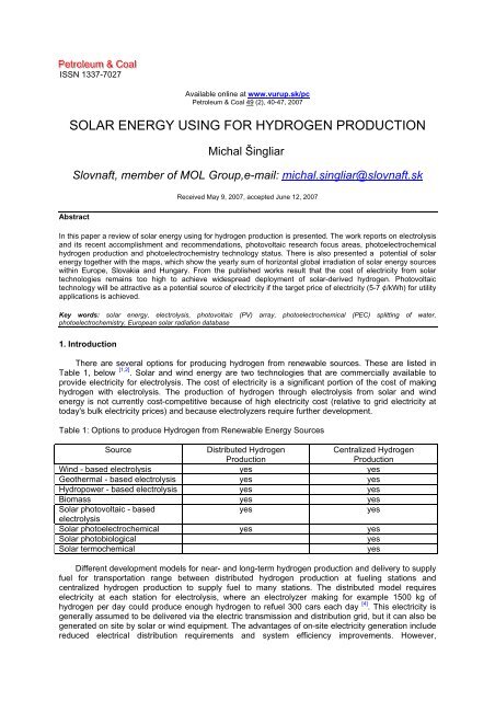 SOLAR ENERGY USING FOR HYDROGEN PRODUCTION