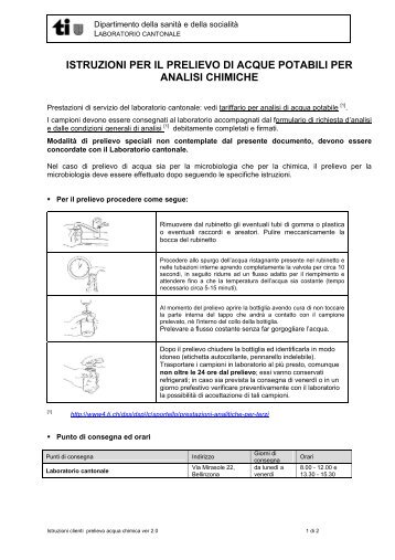 Istruzioni per il prelievo di acque potabili per analisi chimiche