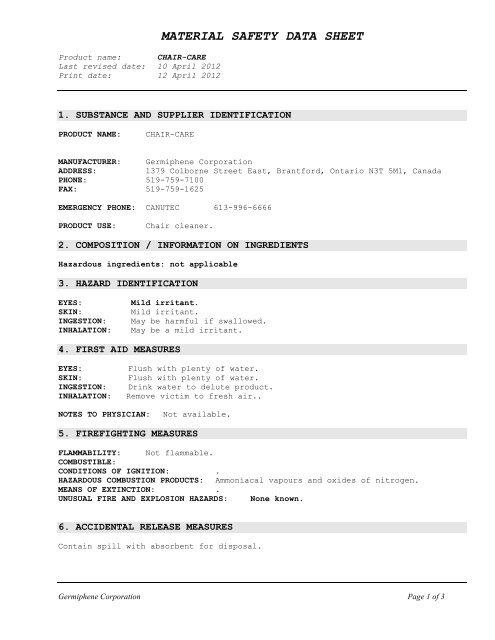 MSDS CHAIR-CARE - Germiphene