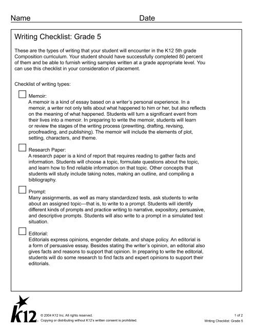 type of essay writing checklist