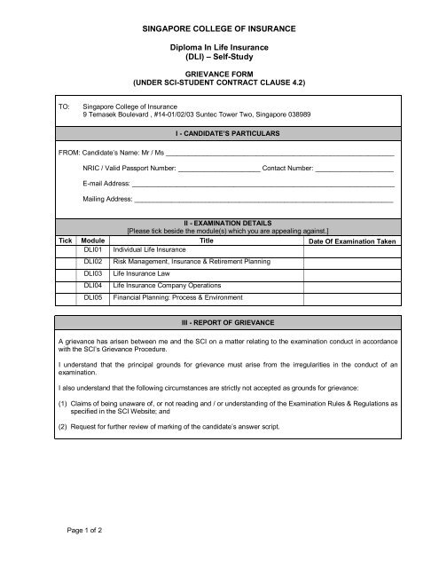 Grievance Form - Singapore College of Insurance Limited