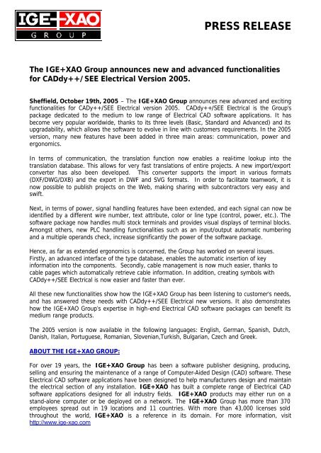 Press Release CADdy++ SEE Electrical 2005 - Ige-xao.com