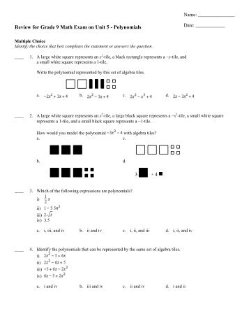 Review for Grade 9 Math Exam on Unit 5 - Polynomials