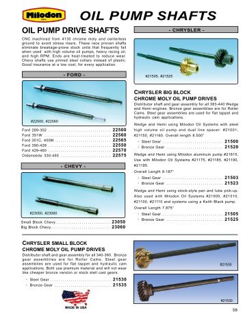 Pump Shafts-Trays-Pan Gaskets - Milodon