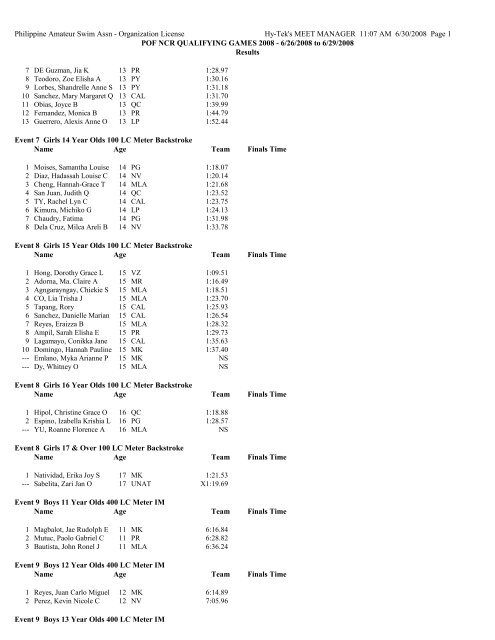 POF NCR Results - Philippine Swimming