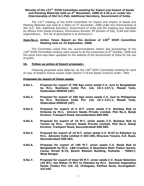 Minutes Of The 131st Exim Committee Meeting For Seednet India