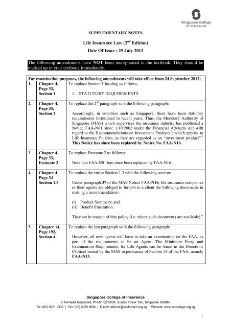 Supplementary Notes - Singapore College Of Insurance Limited