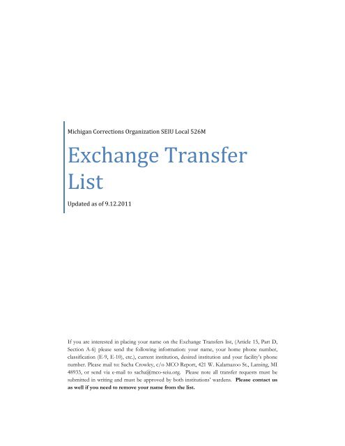 Exchange Transfer List - Michigan Corrections Organization