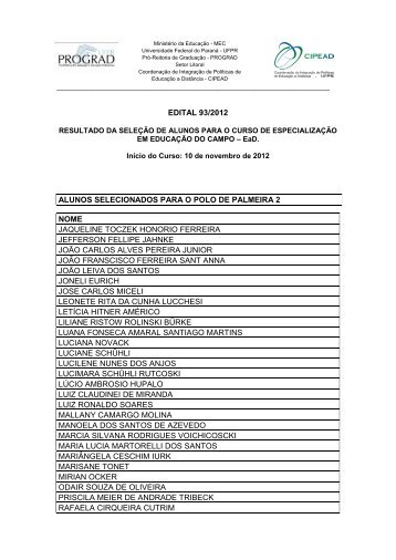 EDITAL 93/2012 ALUNOS SELECIONADOS PARA O ... - CIPEAD