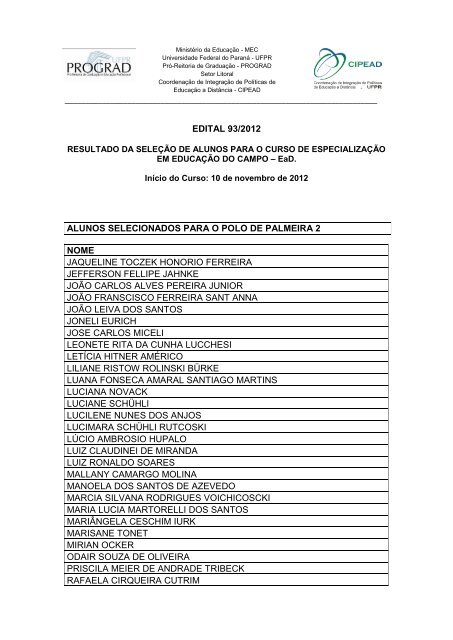 EDITAL 93/2012 ALUNOS SELECIONADOS PARA O ... - CIPEAD