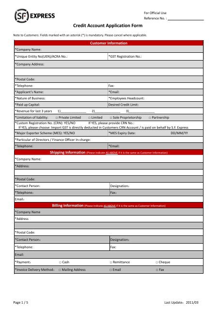 Credit Account Application Form