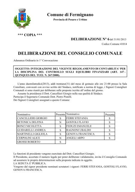 deliberazione del consiglio comunale - Comune di Fermignano