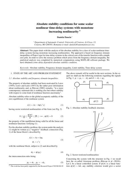 Absolute stability conditions for some scalar nonlinear time-delay ...