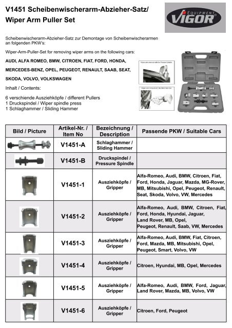 V1451 Scheibenwischerarm-Abzieher-Satz/ Wiper  - Amtool.com.ua