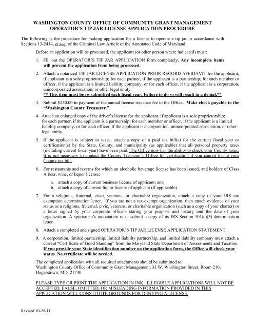 Tip Jar Operator License Full Application - Washington County 