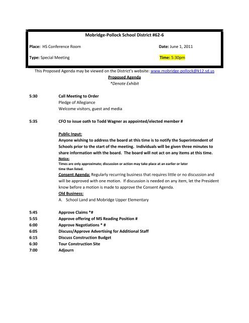 Special Board Meeting June 1, 2011.pdf - Mobridge-Pollock School