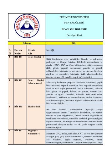 erciyes Ã¼niversitesi fen-edebiyat fakÃ¼ltesi biyoloji bÃ¶lÃ¼mÃ¼ ders ...