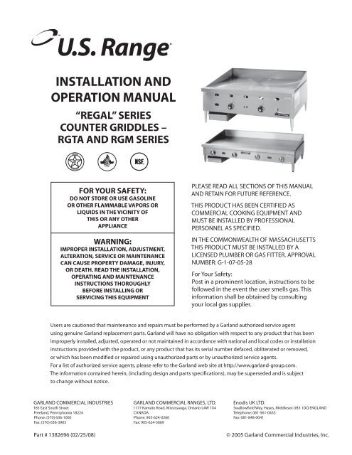 INSTALLATION AND OPERATION MANUAL - Garland