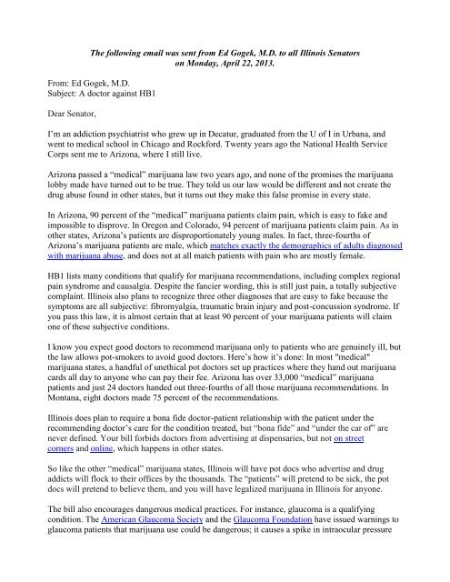 Ed Gogek, M.D. Letter to Illinois Senate regarding Medical Marijuana