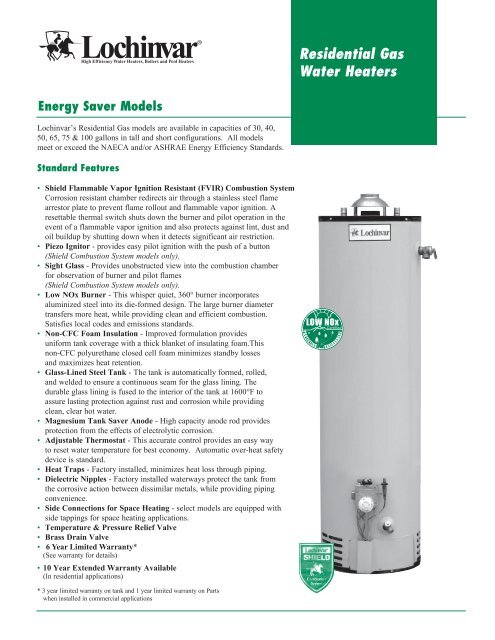 Residential Gas Water Heaters Energy Saver Models - Lochinvar