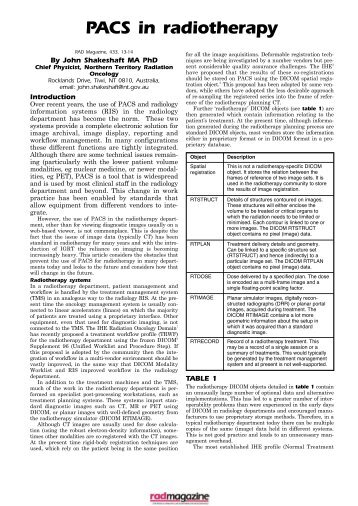 PACS In Radiotherapy RAD Magazine, 433, 13-14