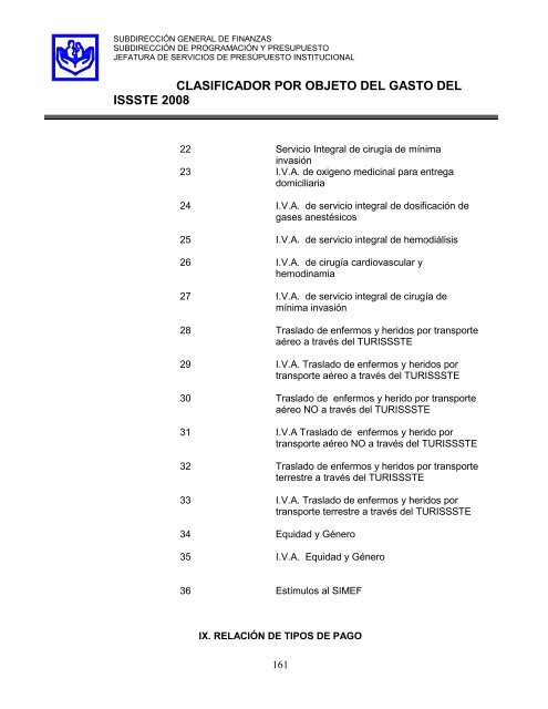 clasificador por objeto del gasto del issste abril de 2008