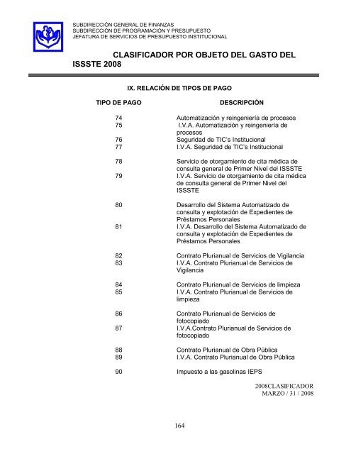 clasificador por objeto del gasto del issste abril de 2008