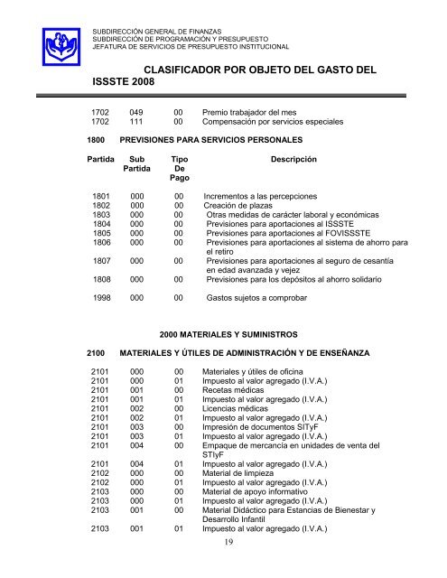 clasificador por objeto del gasto del issste abril de 2008