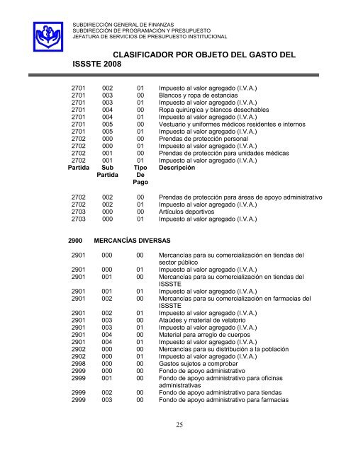 clasificador por objeto del gasto del issste abril de 2008