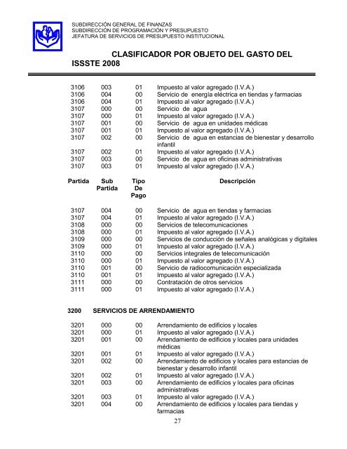 clasificador por objeto del gasto del issste abril de 2008