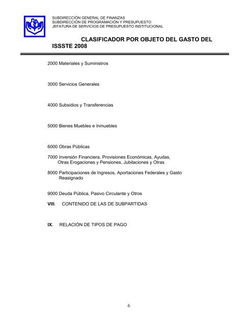 clasificador por objeto del gasto del issste abril de 2008