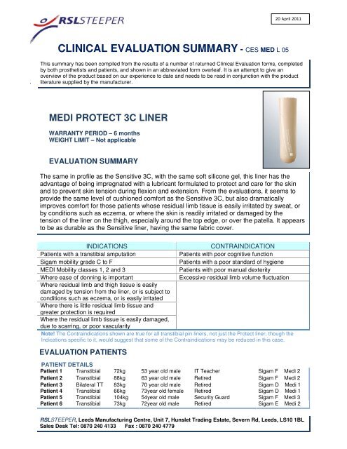 Medi Protect 3C Liner Clinical Evaluation Summary - R S L Steeper