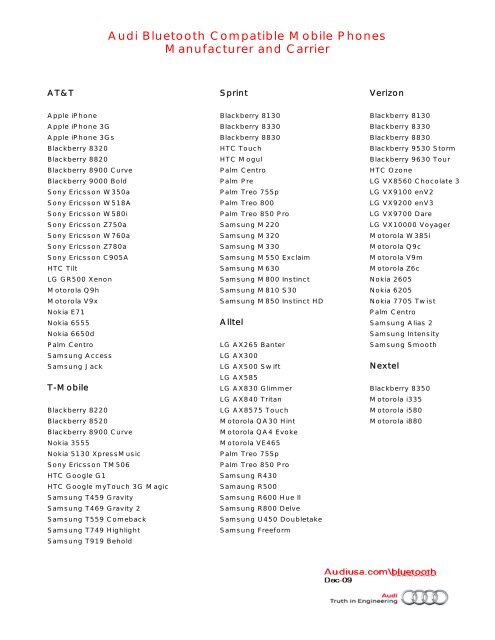 Audi Bluetooth Compatibility Chart