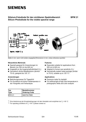 BPW 21 Silizium-Fotodiode fÃ¼r den sichtbaren Spektralbereich ...