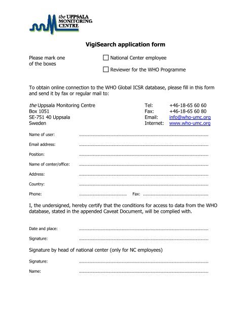 VigiSearch application form - Uppsala Monitoring Centre